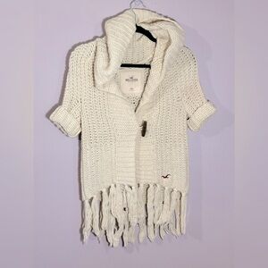 Hooded Crochet Knit Fringed Cardigan